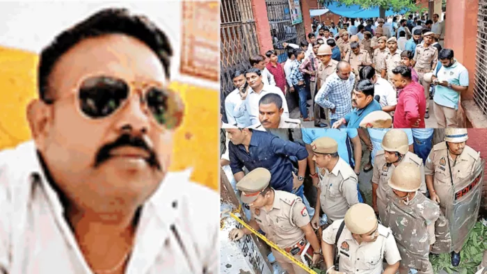 मृतक मोनू चौधरी की फाइल फोटो और घटनास्थल का लोगों और पुलिस की भीड़।