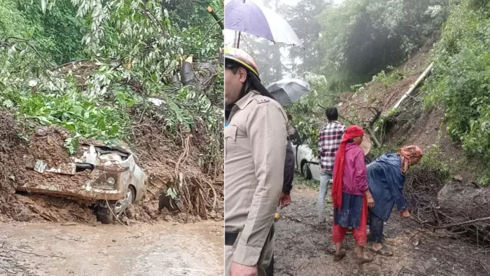 शिमला शहर के विकासनगर में भूस्खलन के कारण दबी गाड़ियां। जागरण