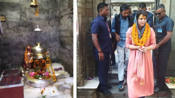 बाबा भूतनाथ मंदिर का शिवलिंग और पूजा के बाद बाहर निकलतीं प्रियंका गांधी।