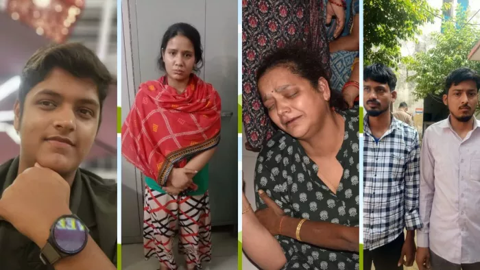 मृतक कुशाग्र, हत्यारोपित ट्यूशन टीचर रचिता वत्स, रोती-बिलखती छात्र की मां और आरोपित प्रभात शुक्ला व शिवा गुप्ता।