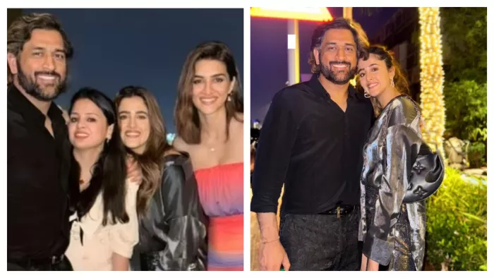 Kriti Sanon and Nupur Sanon with Mahendra Singh Dhoni