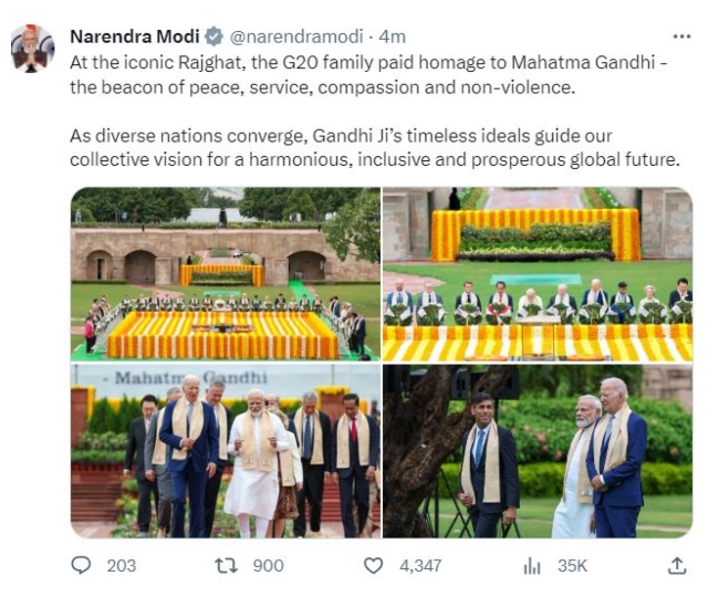 G20 summit: G- 20 परिवार ने अहिंसा के प्रतीक महात्मा गांधी को श्रद्धांजलि की अर्पित- PM मोदी 