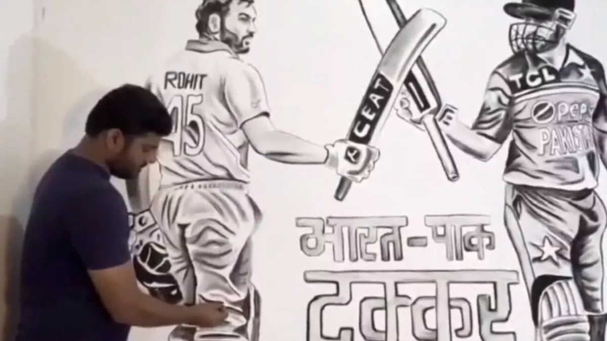 अमरोहा में कलाकार ने भारत-पाक मैच को लेकर बनाया सुंदर चित्र