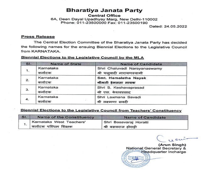 भाजपा ने की उम्मीदवारों के नामों की घोषणा
