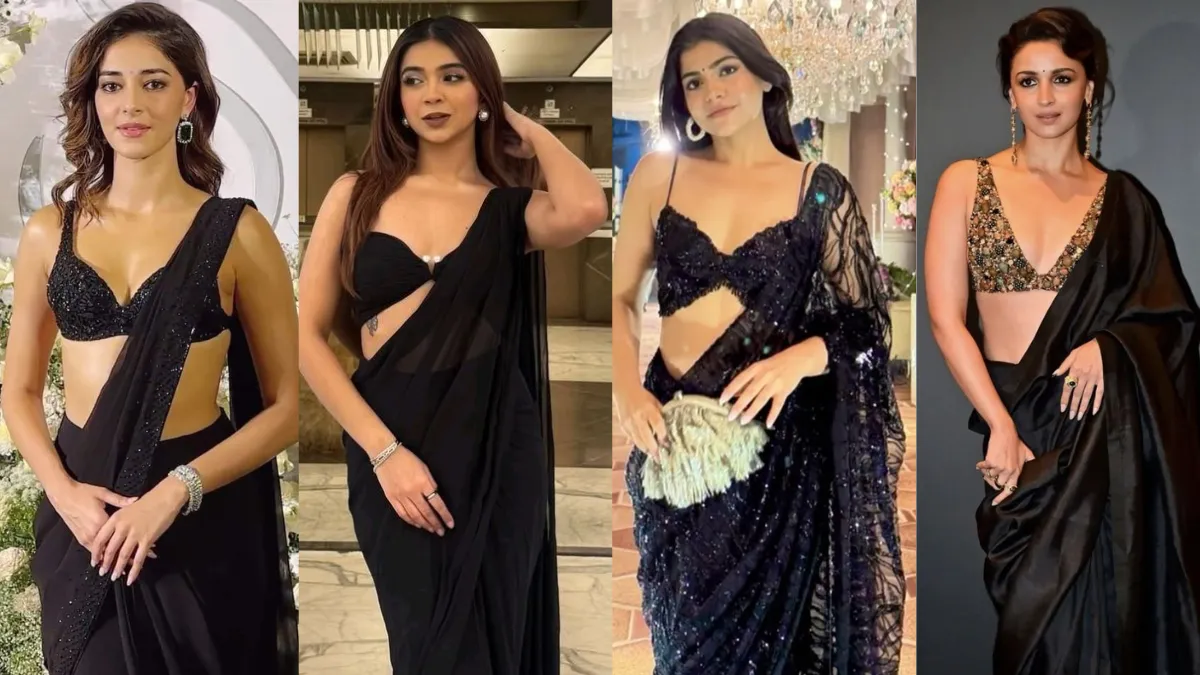 ब्लैक Saree के साथ पहनने के लिए Deep Neck Blouse Designs