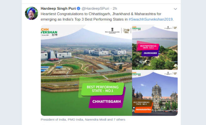 फोटो : साभार टि्वटर स्वच्छ सर्वेक्षण 2019 : छत्तीसगढ़,झारखंड और महाराष्ट्र रहे अव्वल,जानें अन्य राज्यों का हाल