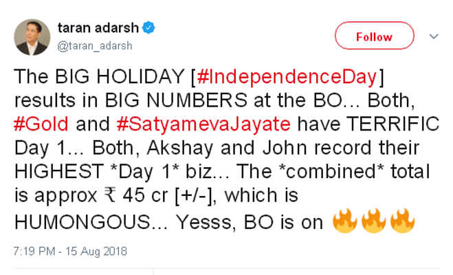 सत्यमेव जयते का कलेक्शन। फोटो : साभार ट्विटर अक्षय की 'गोल्ड' और जॉन की 'सत्यमेव जयते' की बॉक्स ऑफिस टक्कर,पहले दिन कौन रहा आगे