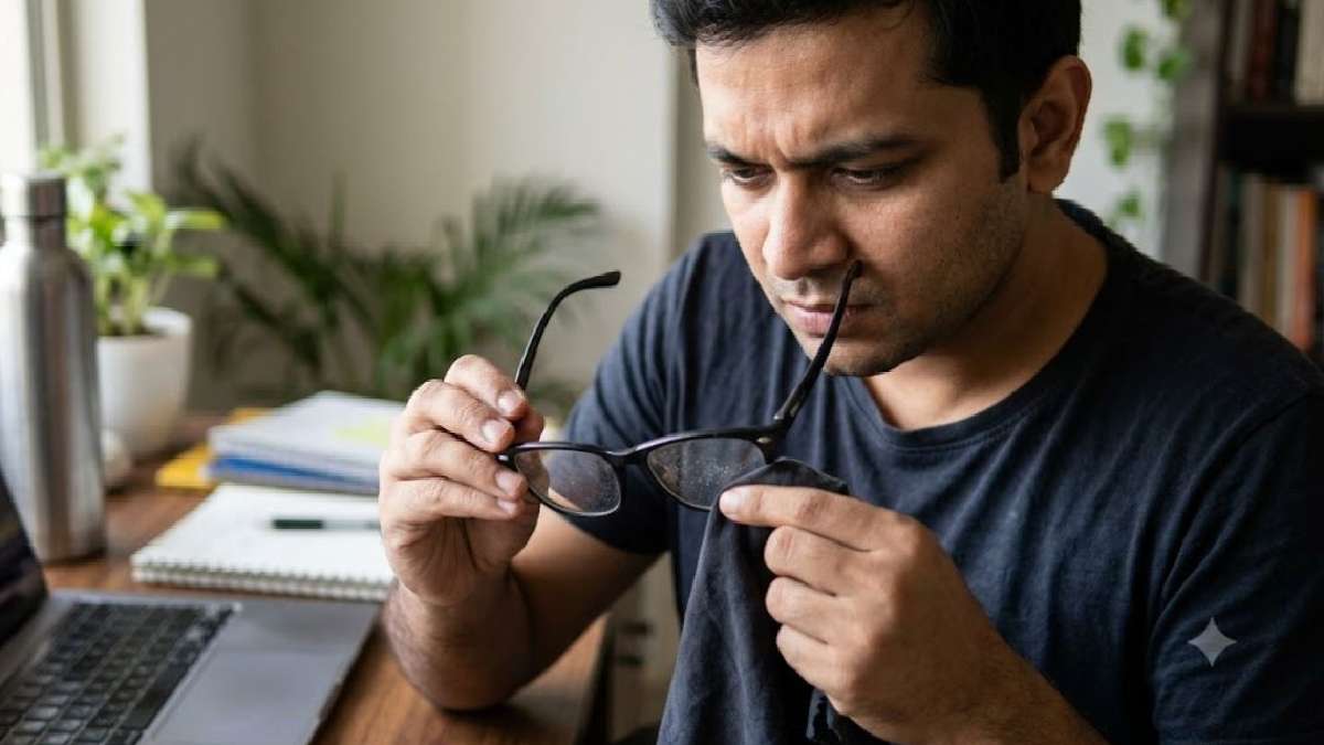 चश्मे को बिना गीला किए सूखा ही रगड़ना